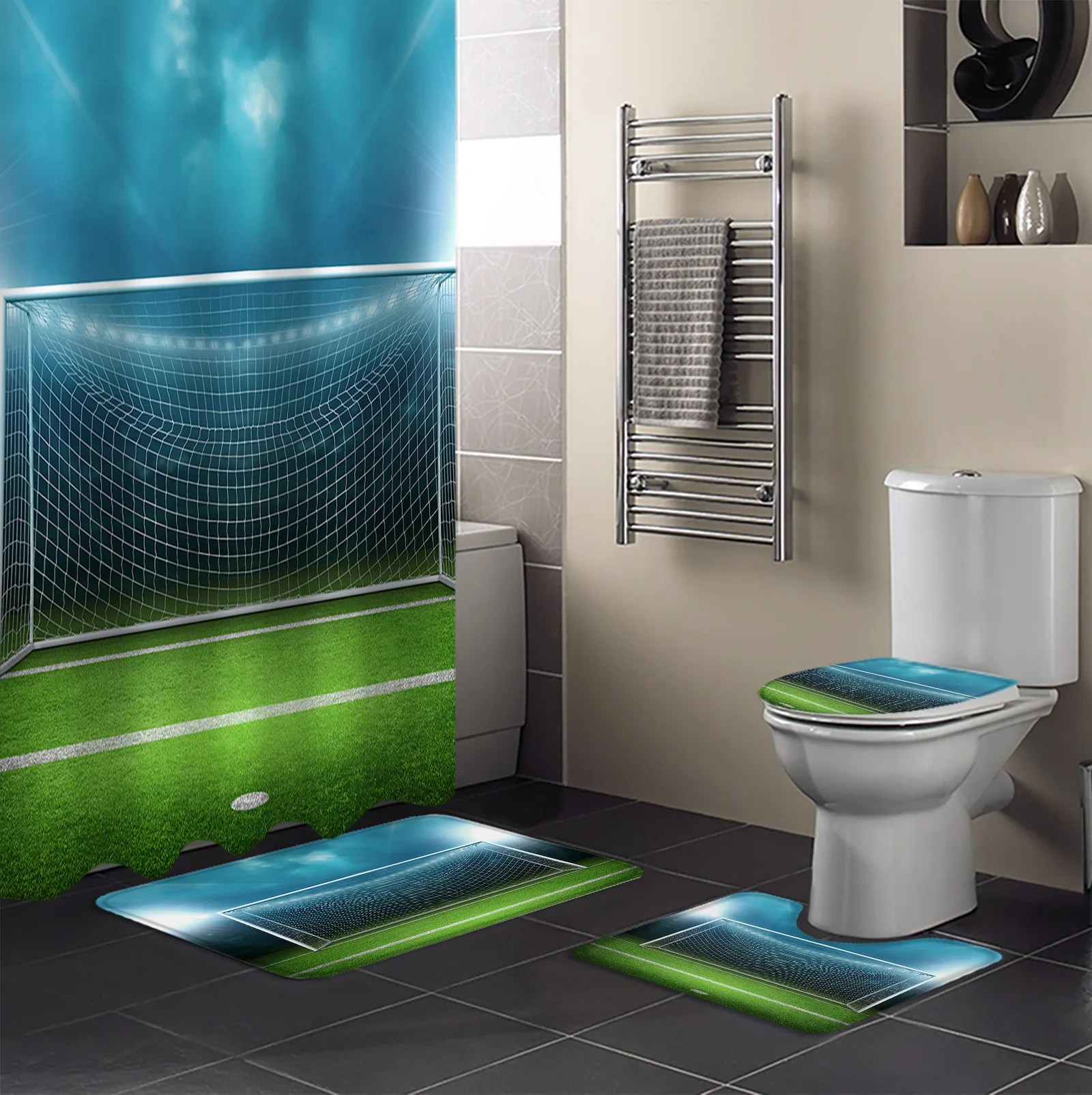 Football Field Goal Shower Curtain Sets Non-Slip Rugs Toilet Lid Cover and Bath Mat Bathroom Curtains Set