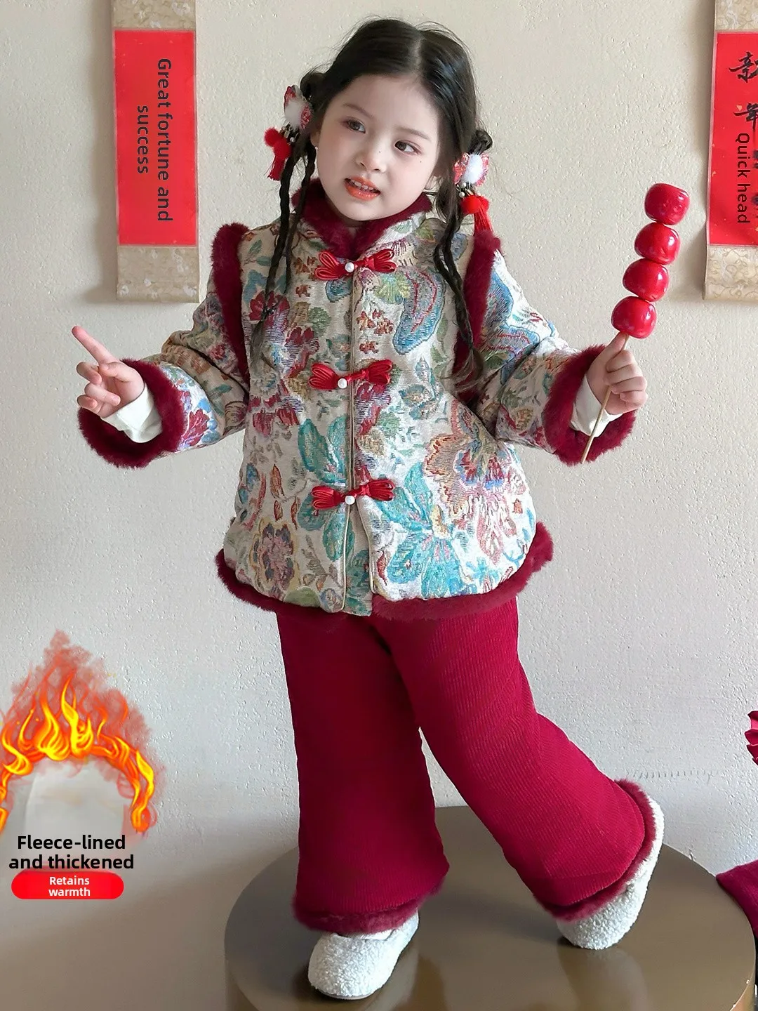 

Зимнее хлопковое пальто на подкладке для девочек, теплая китайская верхняя одежда, комплект из двух предметов, новогодняя одежда, длинный све