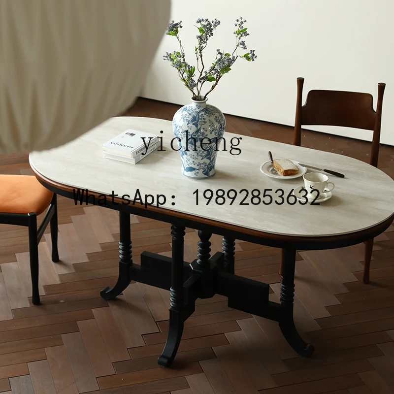 

rock slab travertine oval dining table solid wood French retro Nanyang style