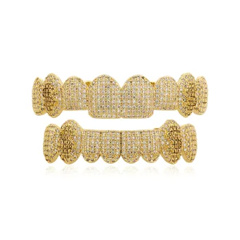 Hip Hop 8/8 Full CZ Teeth Grillz Caps Cubic Square Zircon Iced Out Micro Pave Top &amp; Bottom Charm Grills Set for Men Women Jewelry