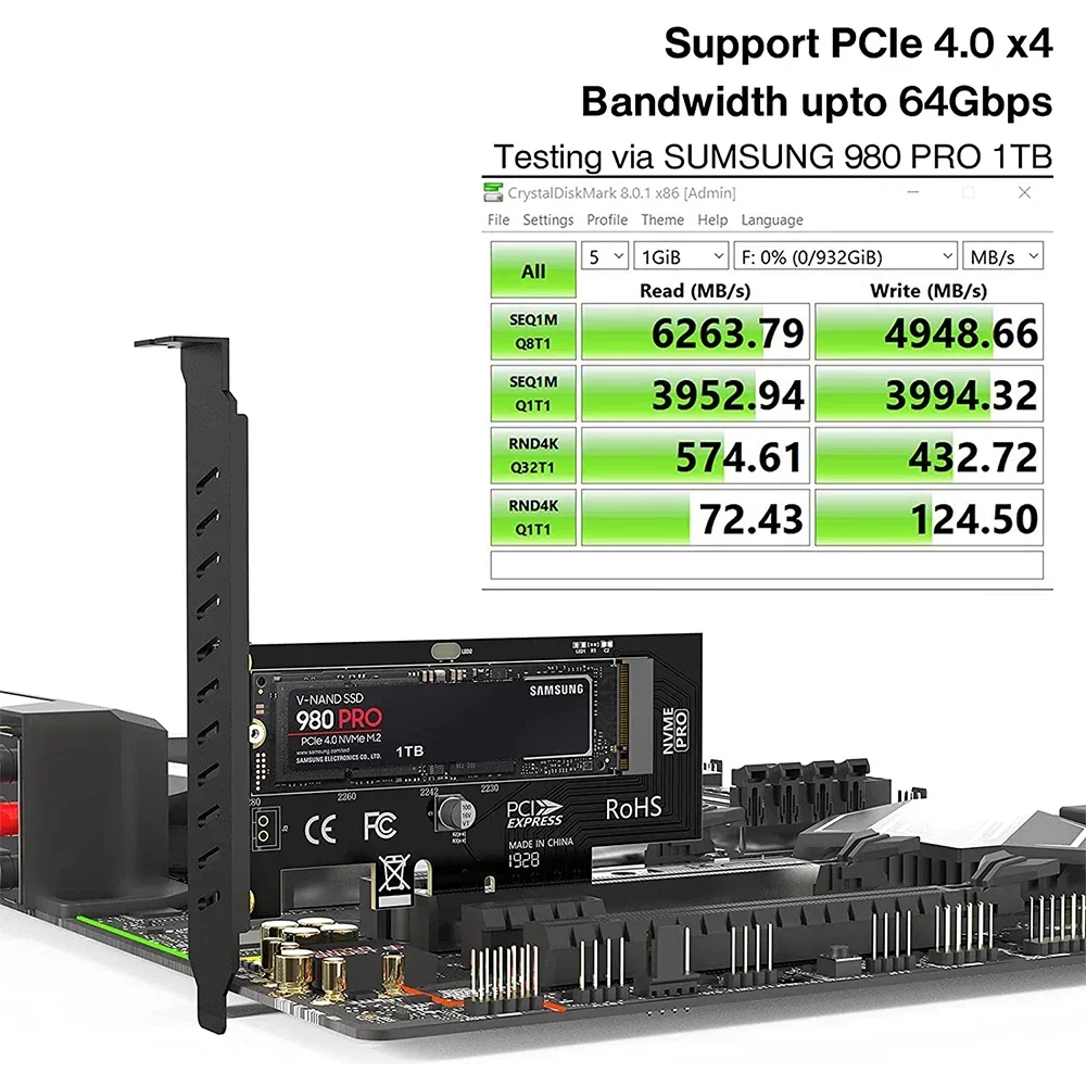 JEYI M.2 PCIe naar NVMe-adapter met aluminium koellichaam, 64Gbps PCIe4.0 X4 Gen4 NVMe M.2-uitbreidingskaart, 2230/2242/2260/2280 M-sleutel