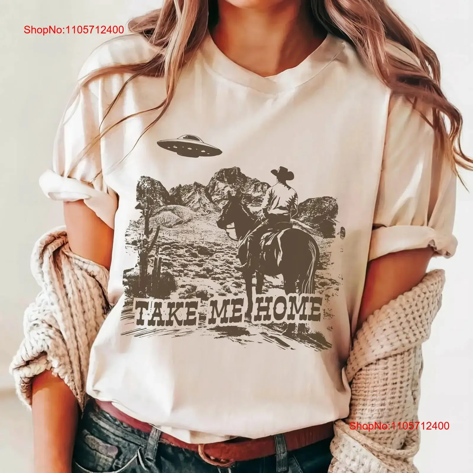 take me home alien abduction shirt I want to believe meme sarcastic gift for brother funny sibling retro cowboy vintage Washed