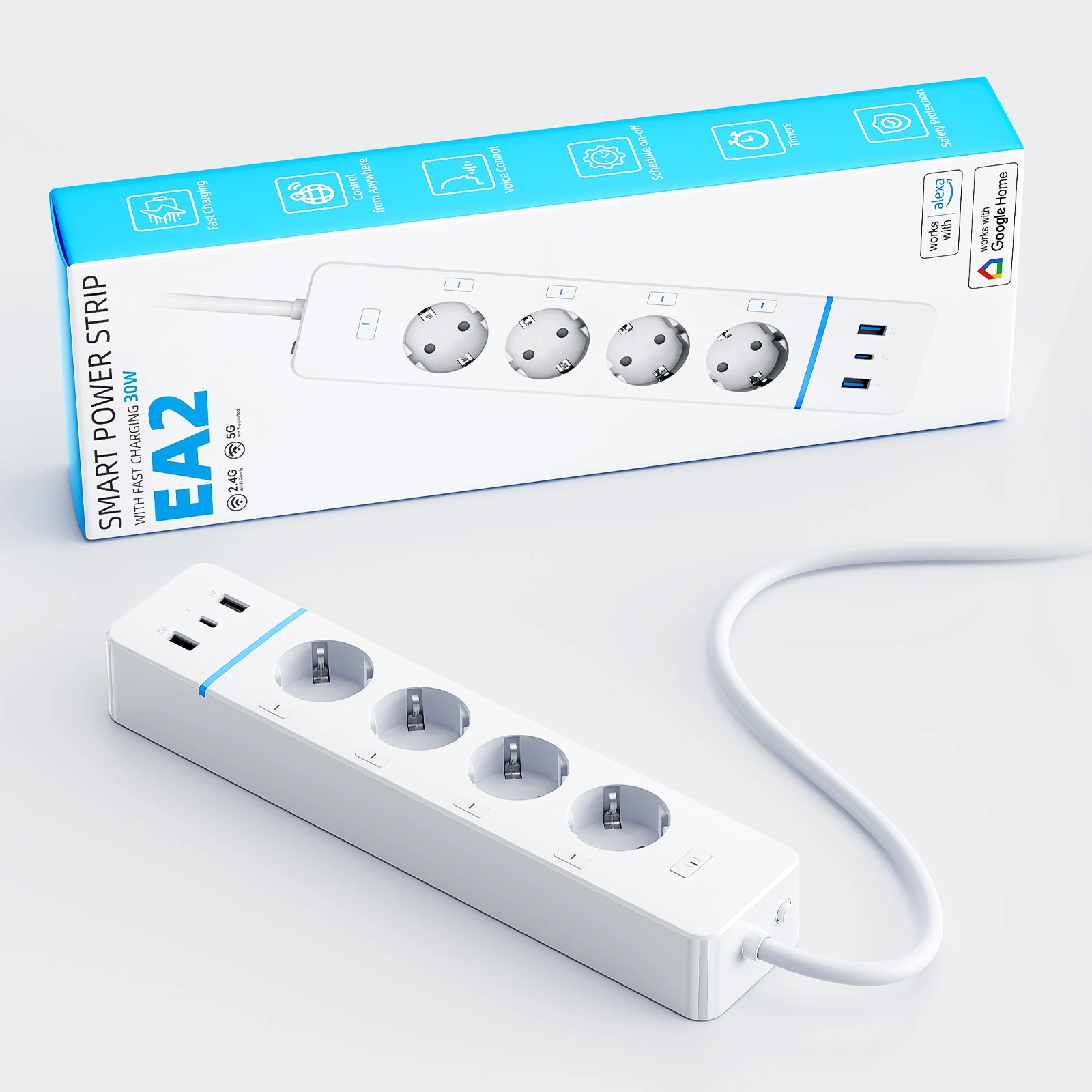 EA2 Smart socket WiFi swiched Power Strip  4 Plug 2 USB A 1 TYPE C Port   With alexa google APP home Smart Tuya smartlife