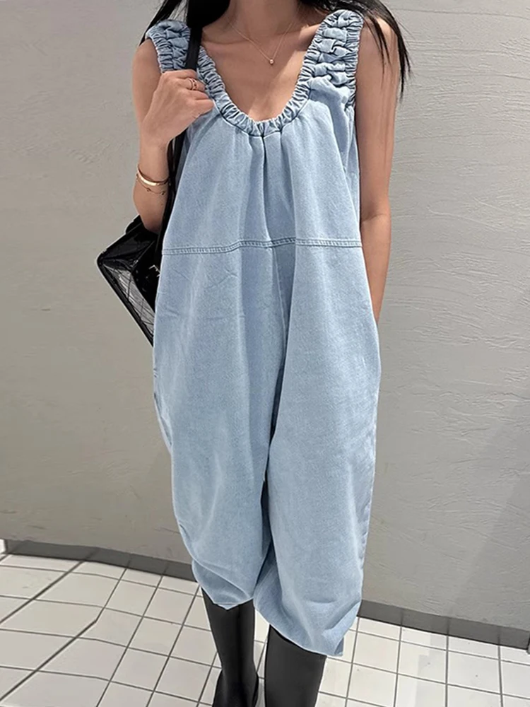 Chic ฤดูร้อนใหม่ขนาดเล็กเสื้อกั๊ก DENIM Jumpsuit ผู้หญิงหลวมสบายๆกางเกงขากว้างยาวกางเกงเอวสูงขากว้าง Jumpsuit