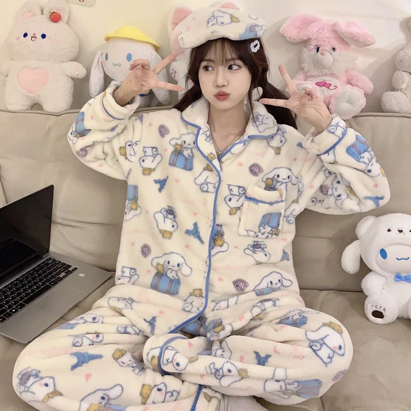 Sanrio Female Flannel Cardigan Thickening Long Sleeves Pajama Set Kawaii Cinnamoroll Comic Student Keep Warm Go Out Leisure Wear