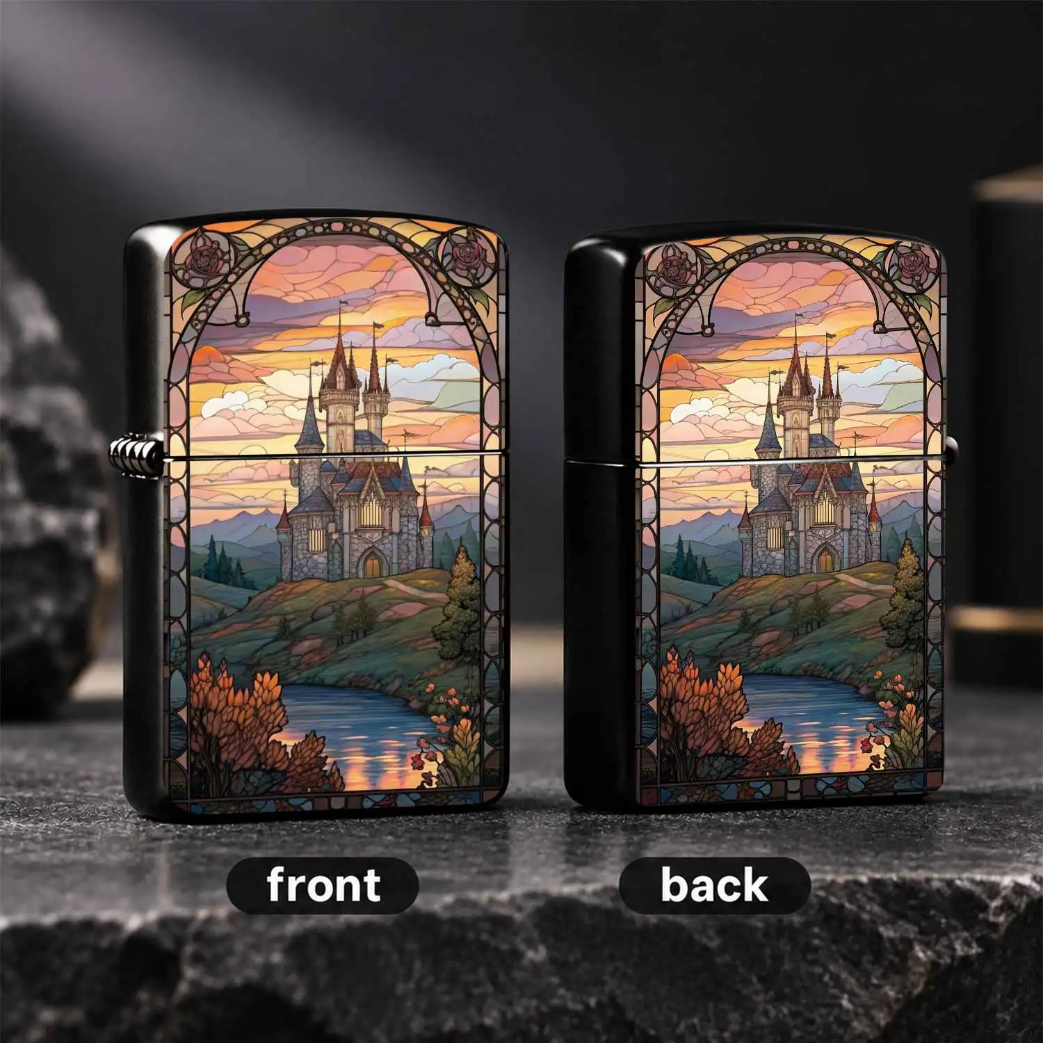 Vintage Stained Glass Fairy Castle Pattern Windproof, Artistic Scenery Printed Portable, Exquisite Trendy Gift For Boyfriend Friends, Durable High Quality Pocket For Daily Outdoor Use A Fun And Humorous Lighter