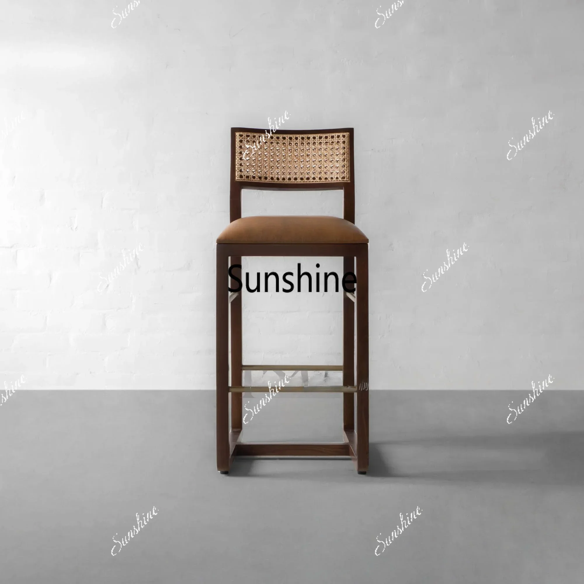 Nordic rattan solid wood bar stool backrest high chair
