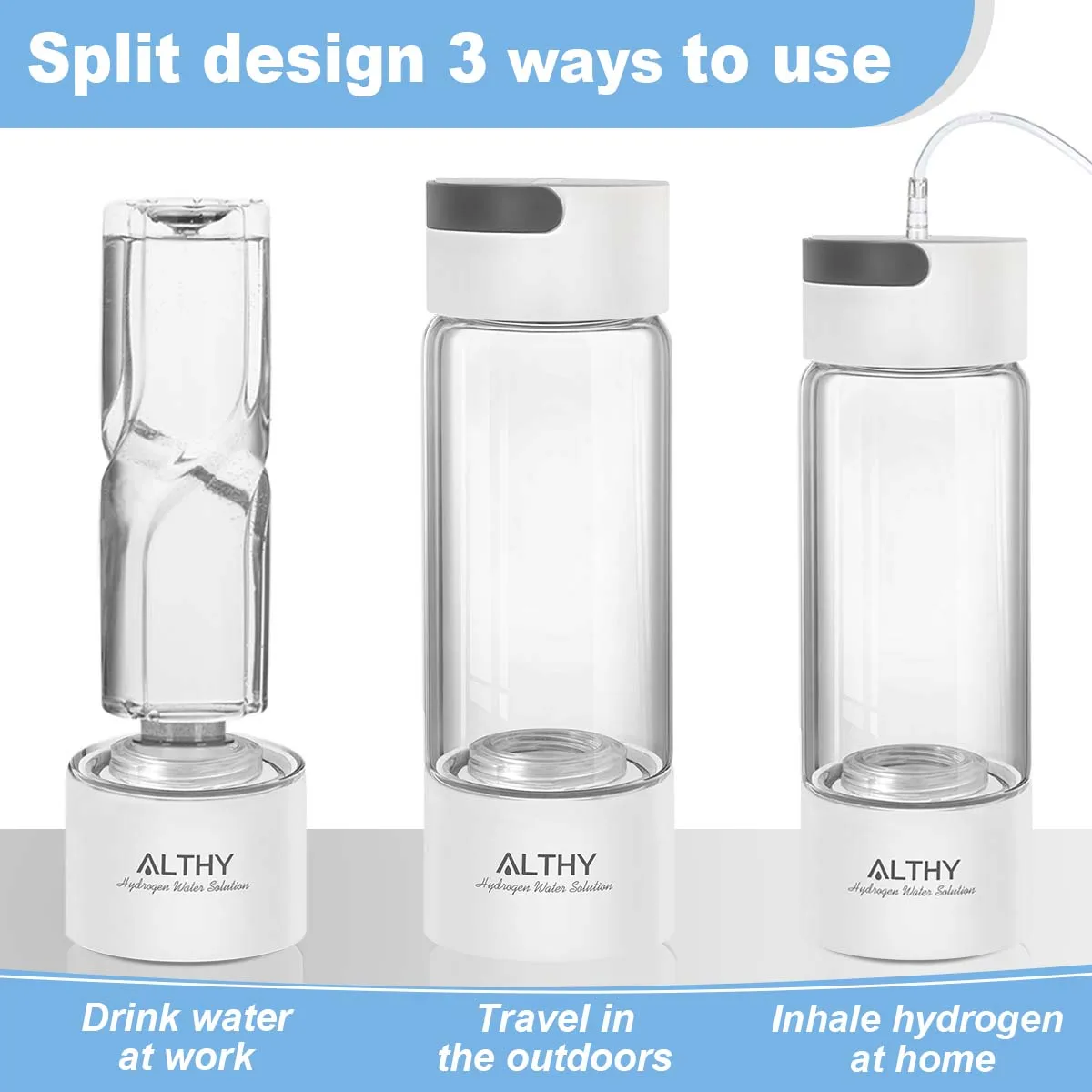 ALTHY Hydrogen Rich Water Generator Bottle - Glass Cupbody - DuPont SPE & PEM Dual Chamber Maker Ionizer - H2 Inhalation Device