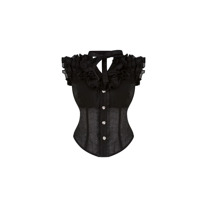 Original Design 2025 Summer Black Slightly Transparent Women's Top Japanese Lace Hollow Out Sweet Mini Cake Skirt Sets Ladies