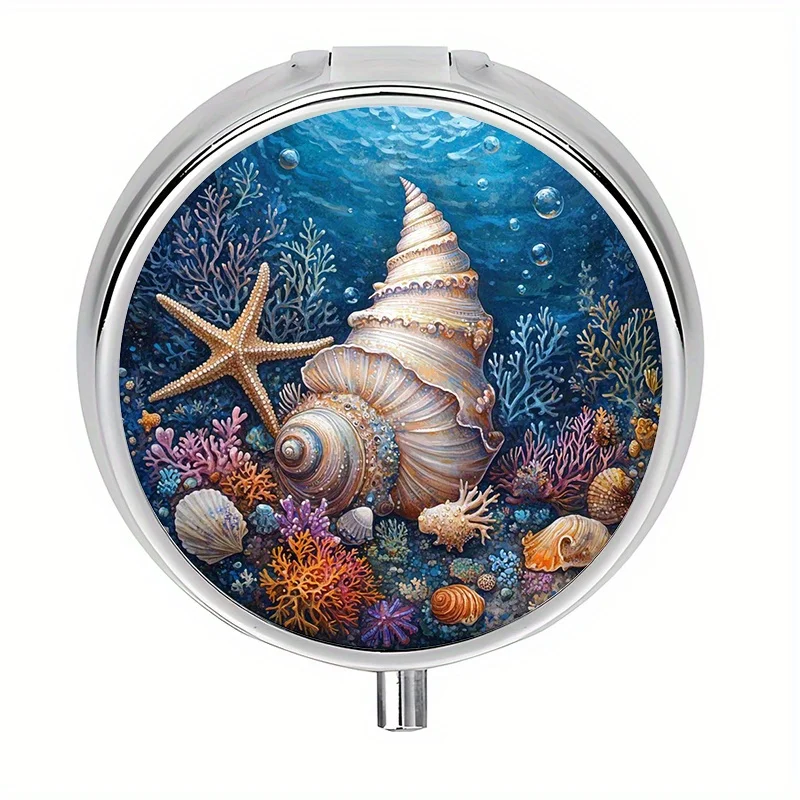 1 piece, a shell and starfish decorated vitamin storage box with 3 compartments, can be used as a bag charm or handbag accessory, unique travel-style metal vitamin box