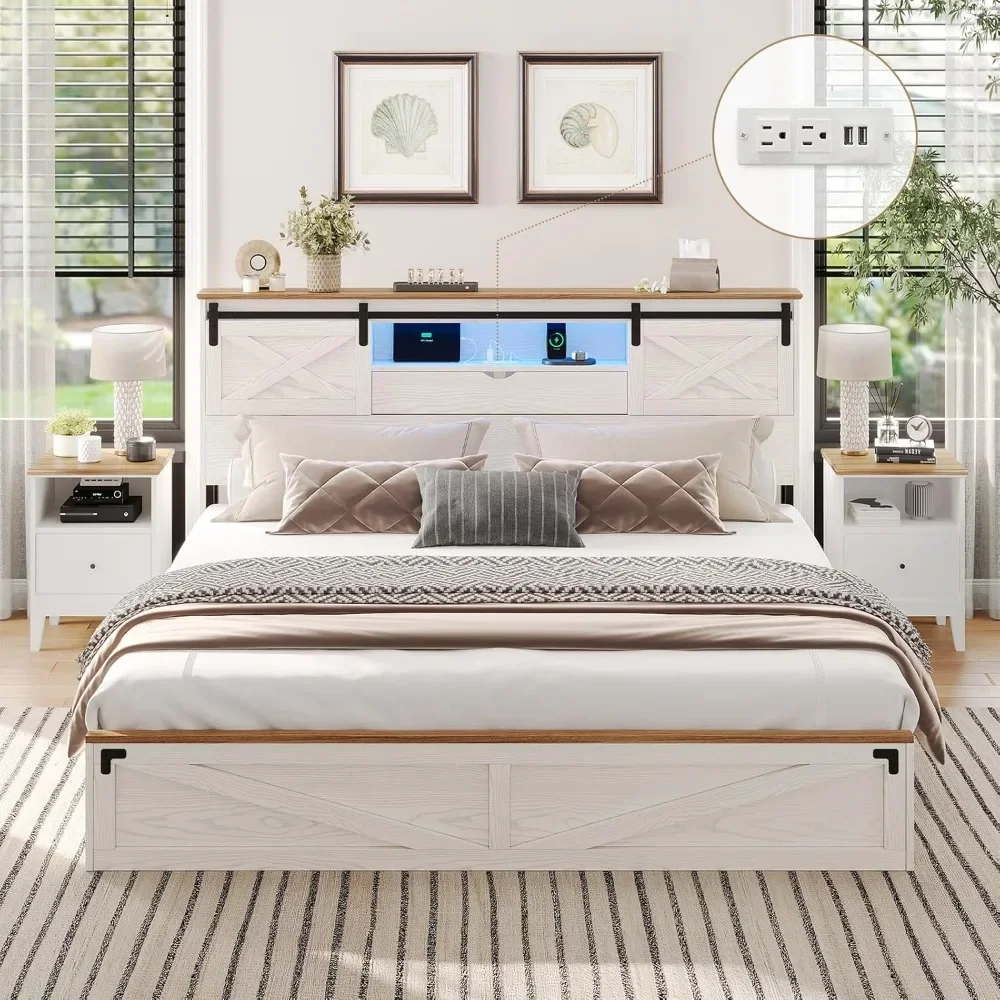 

Farmhouse Bed Frame King Size with LED Lights and Charging Station, Wooden King Bed with 2 Storage Drawers.