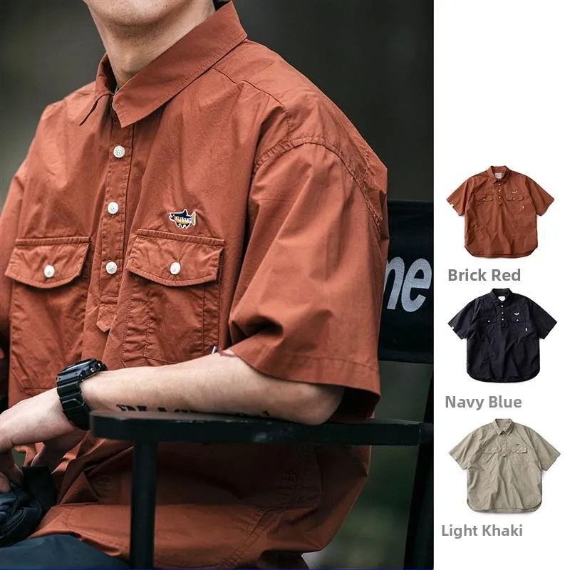 Summer Loose Fit Casual  Shirt Short Sleeve Pure Color Unisex Retro Workwear Style Five Button Placket T-Shirt