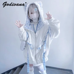 Japanese Water Color System Grid Subculture Y2k Cute Loose Plush Hooded Coat Women Winter Clothes Girls Hoodies Zipper Jacket