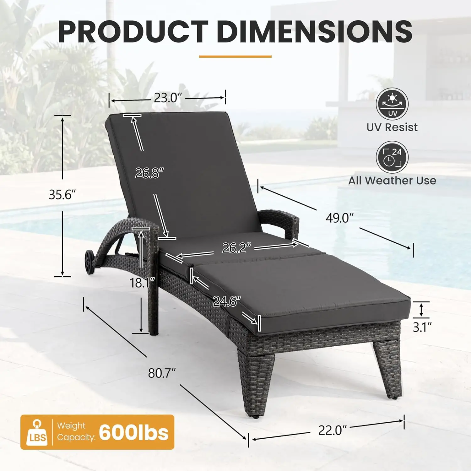 Outdoor 2 Pack Wicker Chaise Lounge 4 Position Adjustable Upholstered Reclining Chairs Wheels For Pool Yard