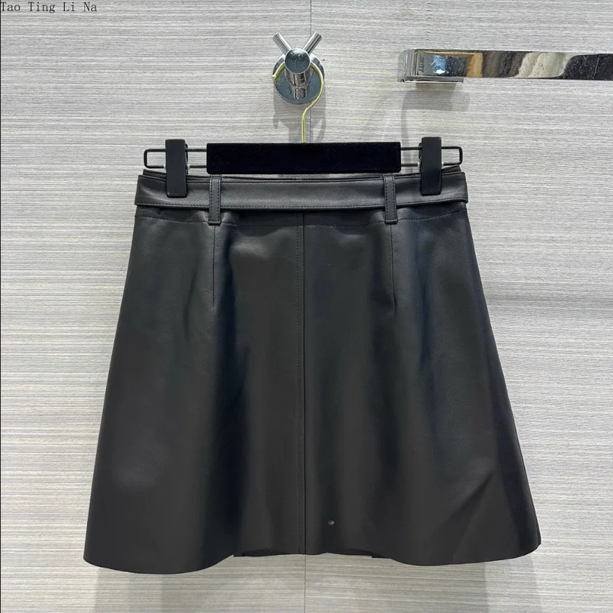 2023 Women New Genuine Sheep Leather Skirt High Waist A-line Metal Buckle Versatile Real Sheepskin Skirt E9