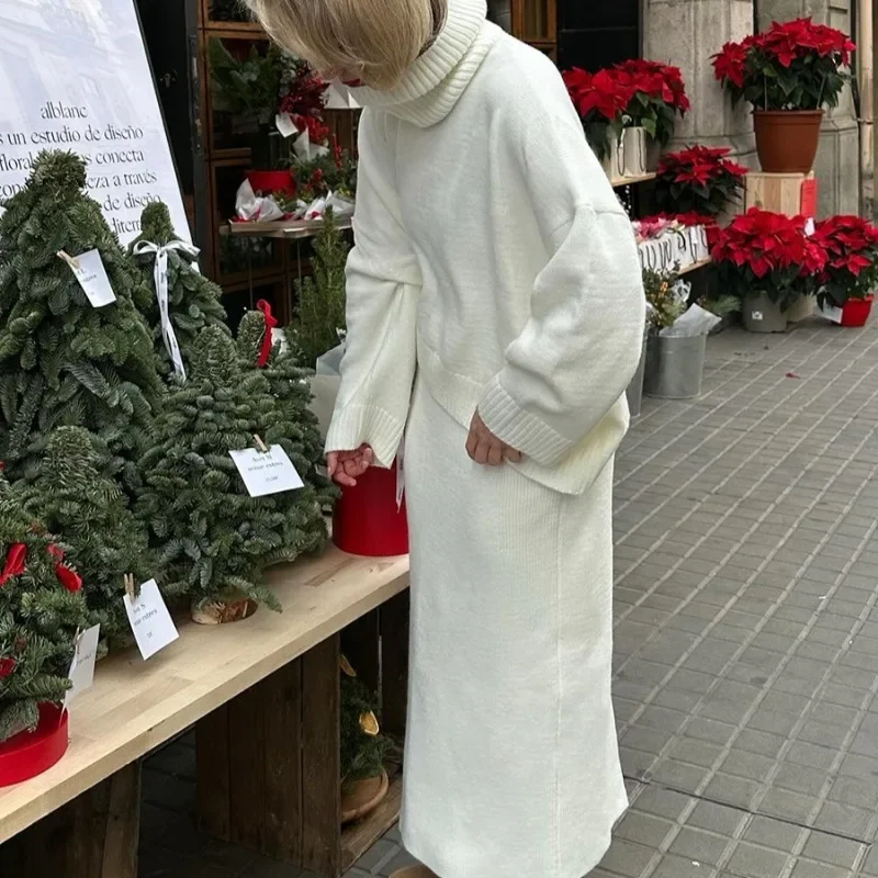 Set gonna maglione dolcevita lavorato a maglia da donna Autunno Inverno Abito caldo da donna casual in 2 pezzi tinta unita allentato