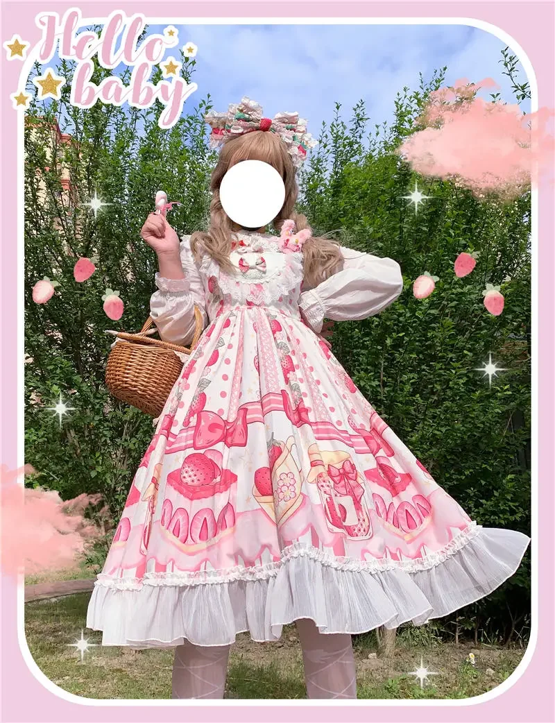 Japanese Harajuku Gothic Lolita Suspender Strap Dress Sweet Strawberry Cake Printing Soft Girl Cute Bow Cosplay Ruffles Dress