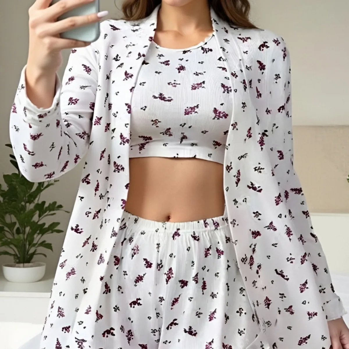 

Осень 2023, новая домашняя одежда, сексуальные пижамы из трех частей с цветочным принтом для женщин, одежда для сна для женщин