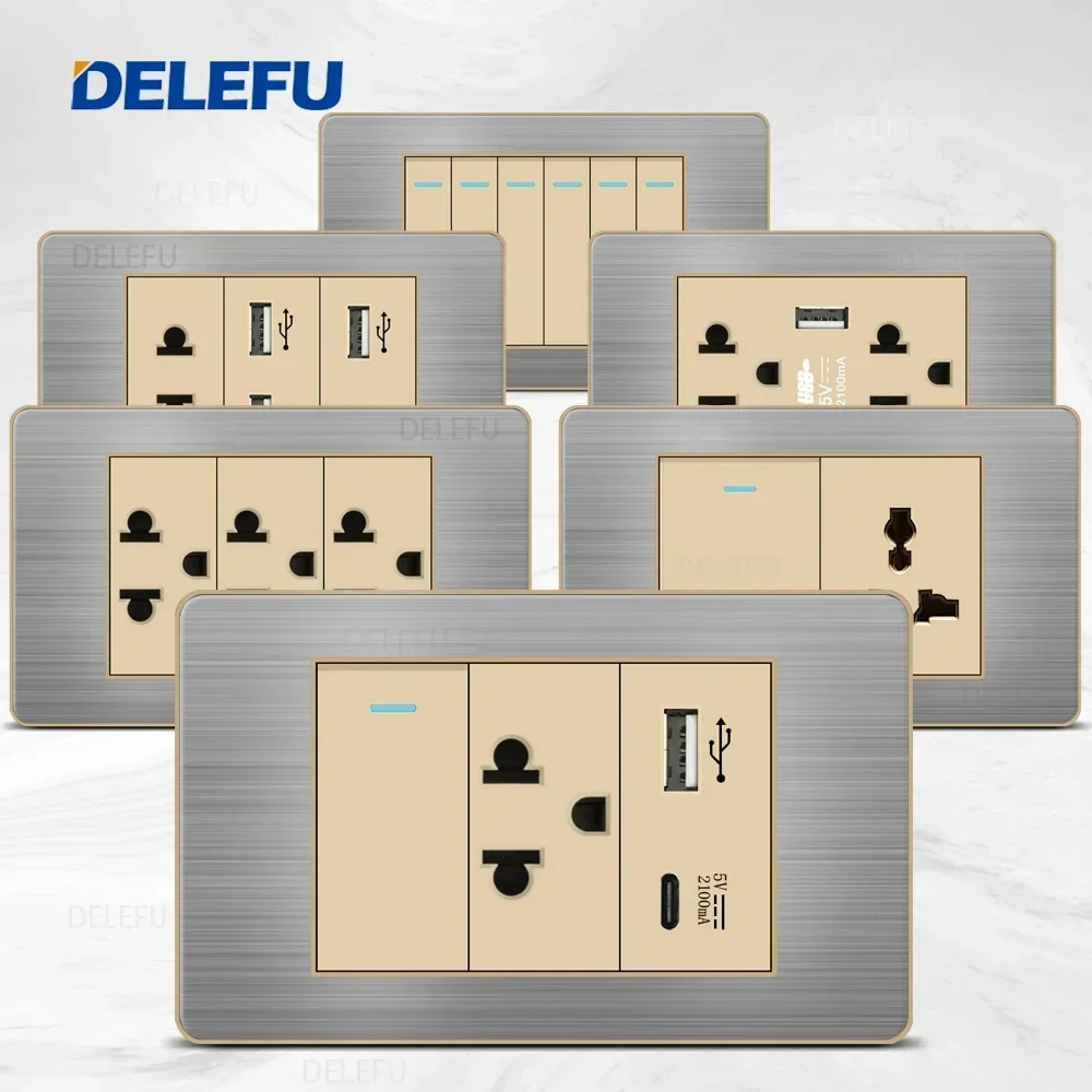 DELEFU Stainless Steel Gold Border Gray Panel Thai Switch Socket Computer USB Type C Wall Power Socket