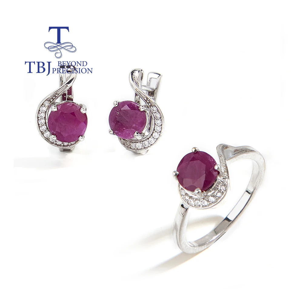 

Trendy Silver Earrings & Ring Set for Women Natural Precious Ruby July Birthstone Luxury Jewelry Wedding Anniversary Gift