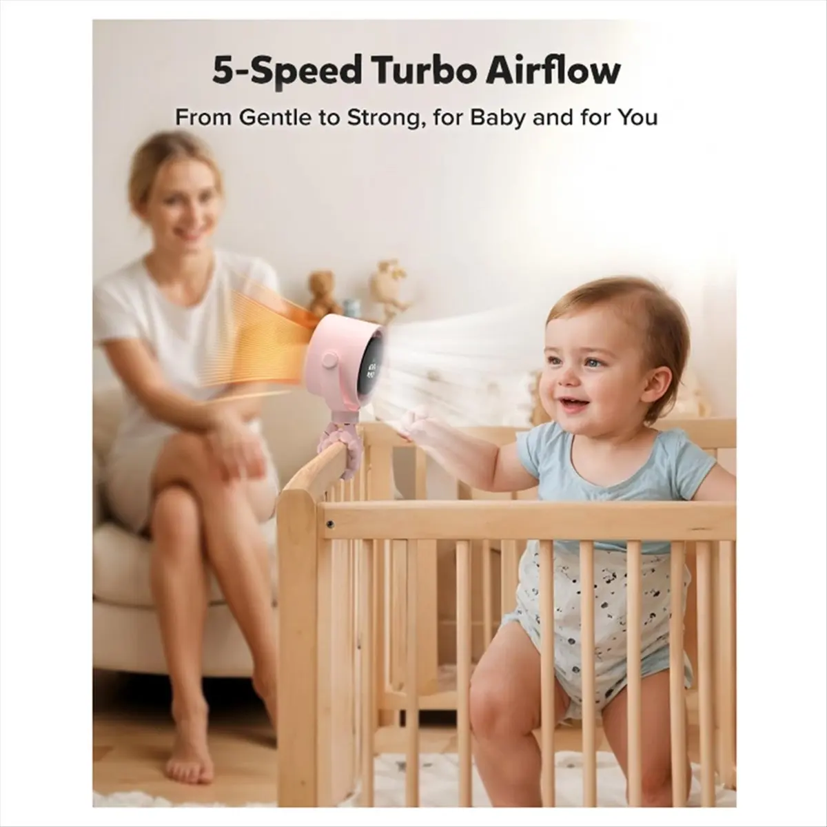 N14R Top Baby Stroller Fan, Rechargeable Portable Clip on Fan LED Display, 360°Rotate Personal Cooling Fans for Crib