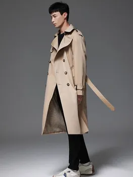 Men's 6XL Belted British-Style Trench Coat 3 British Style Mens Belt Long Trench Coat Loose Fit Double Breasted Windbreaker Autumn Waterproof Outerwear Overcoat Big Size 6XL 3