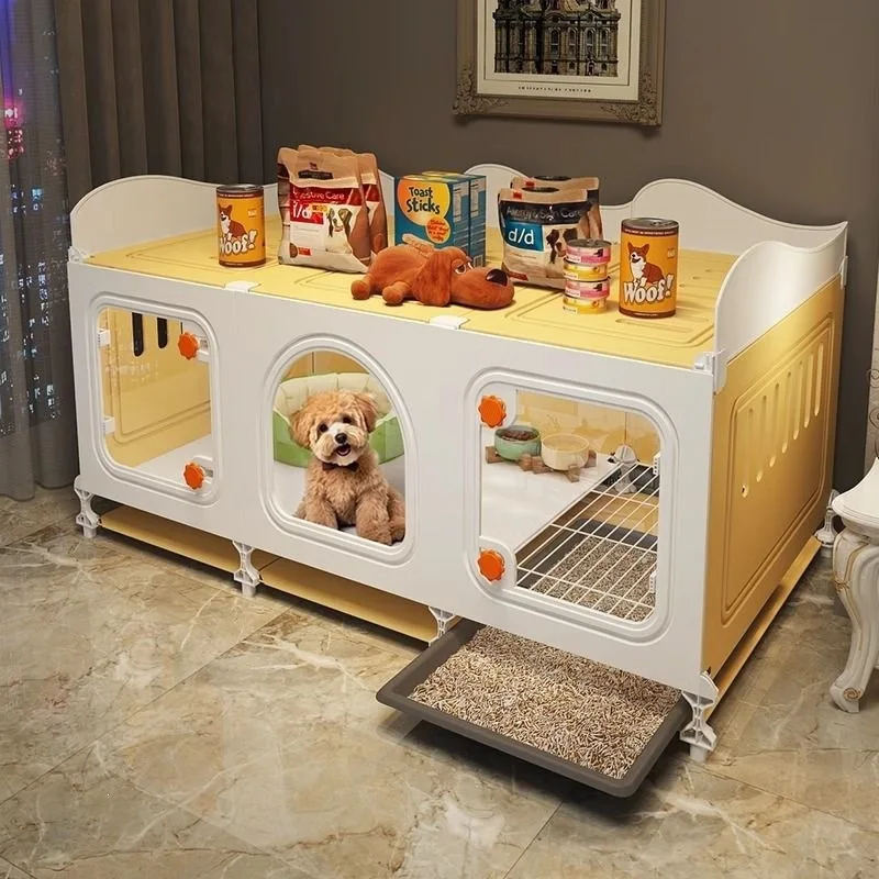 Dog cage, small dog with toilet, kennel room, bathroom, one living room, and puppy.