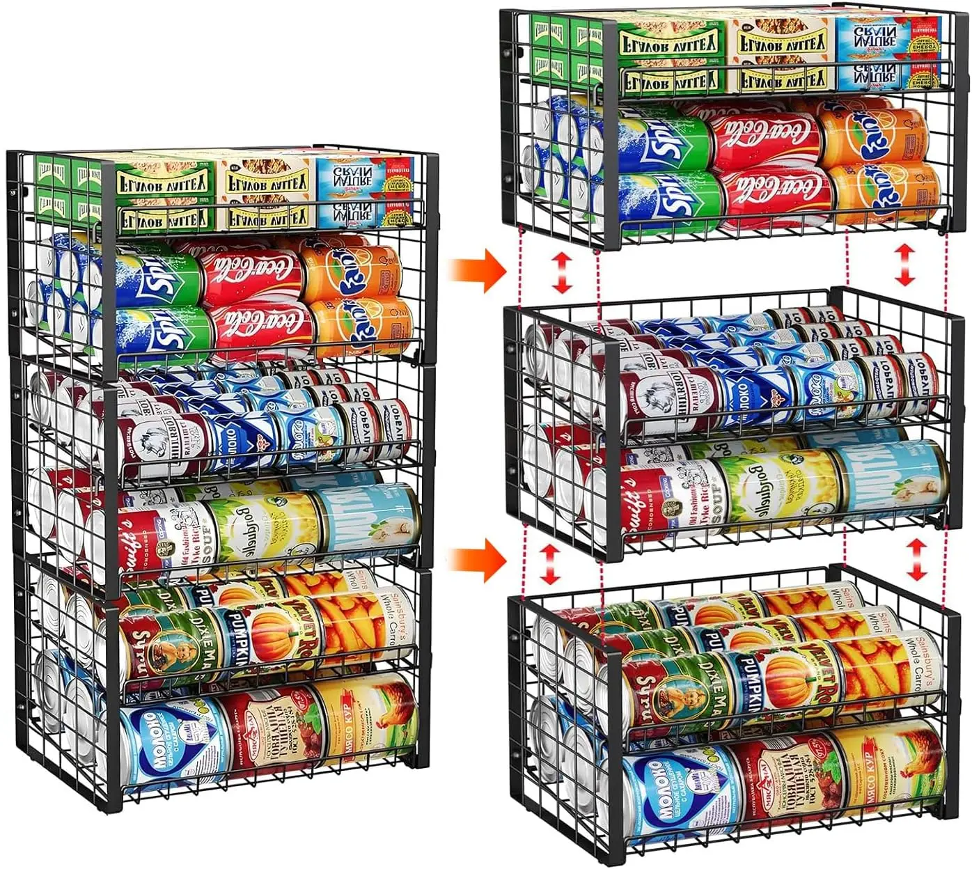 

2-Tier Stackable Rack Organizer for Pantry, Adjustable Dispenser Holds Up to 90 Cans, Storage Hol r for Various Ounces