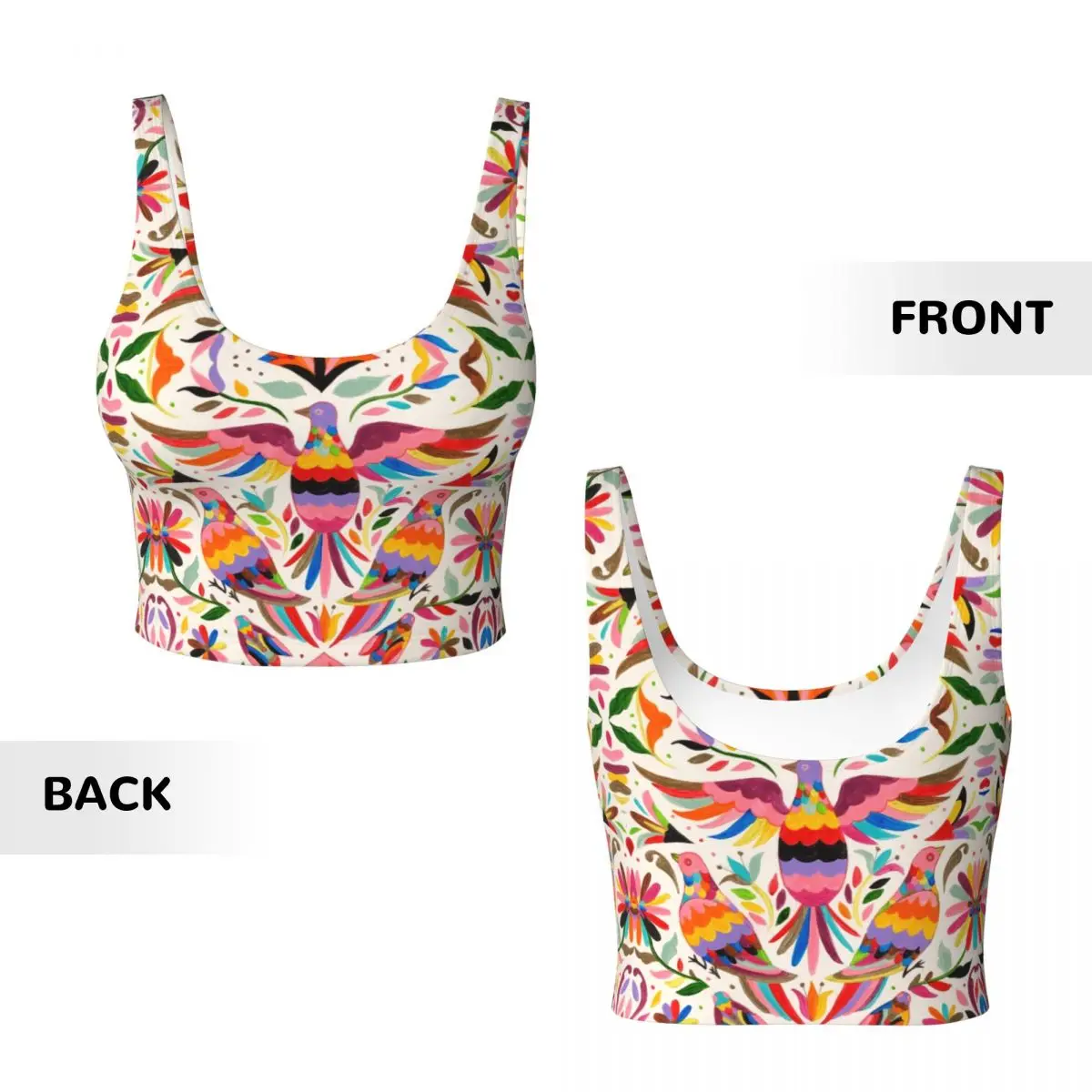 Custom Fashion Mexican Otomi Birds Texture High Impact Sports Bras Women Folk Floral Art Seamless Workout Running Crop Tank Tops