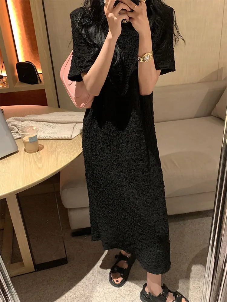 Vestido Midi de Verano Hoado con Mangas Cortas y Pliegues, Estilo Coreano, para Mujer de Talla ande (300 Libras), Ele...