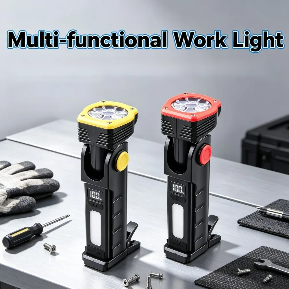 Dual Source LED Magnetic Hook Work Light 90° Rotatable Digital Display Multifunctional Portable Torch for Auto Repair