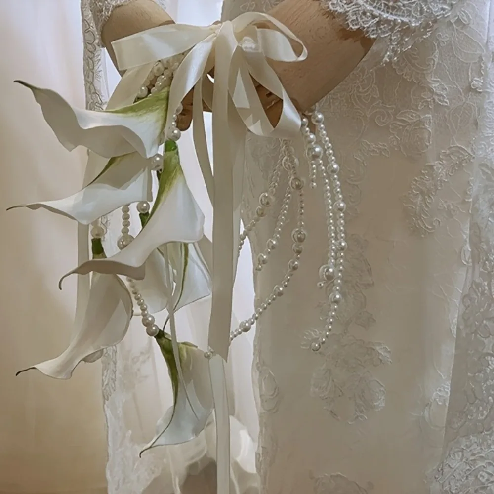 Pearl Handle Bridal Bouquet Satin Ribbon Bell Shape Wedding Flowers Artificial Silk Lightweight Carry Top Handle Bouquet