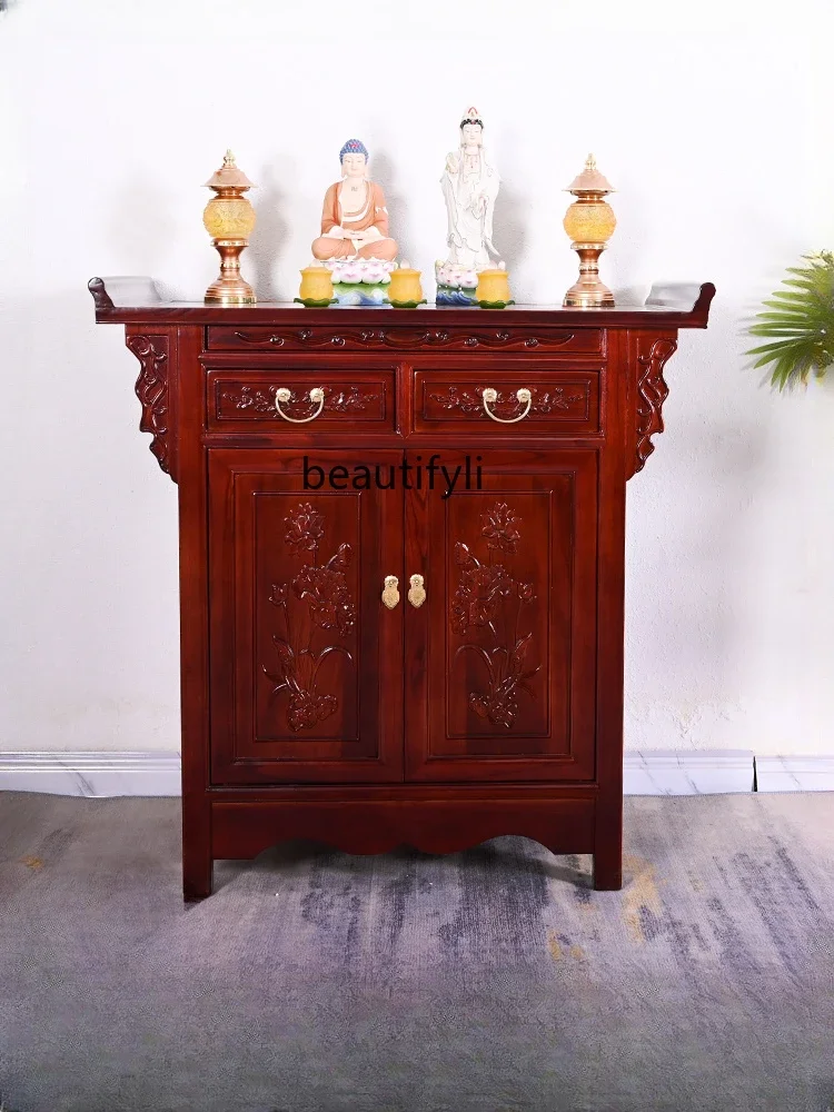 Household Altar Buddha Statue Simple Modern Guan Gong God of Wealth Worship Incense Burner Table Solid Wood Buddha Cabinet