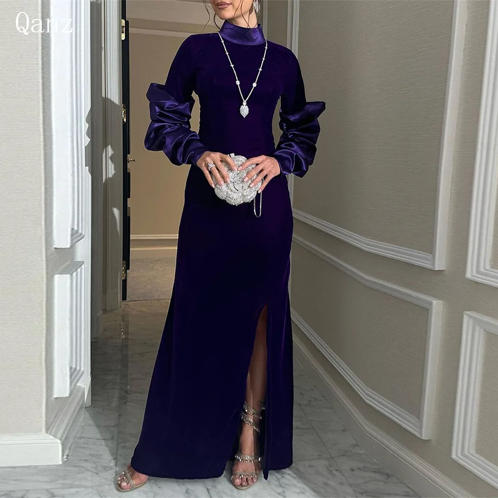 

Qanz Saudi Arabia Evening Dresses Customized Velour Long Sleeves Dubai Prom Dress Mermaid Slit Floor Length Special Occassion