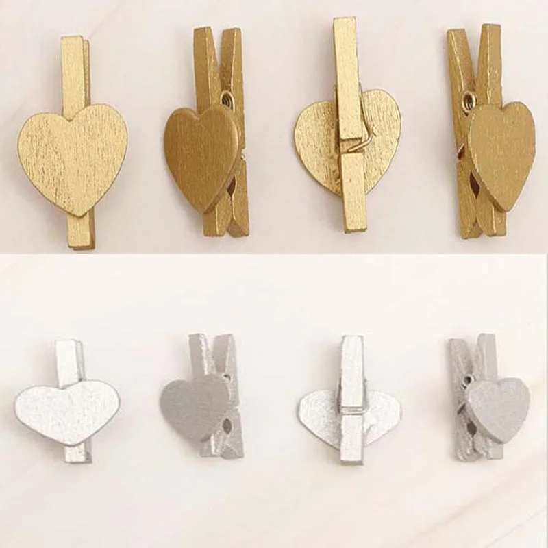 30x4mm 20pcs Wooden Gold Silver Love Heart Photo Clips Memo Paper Peg Clothespin Stationery Christmas Wedding Party Home Craft