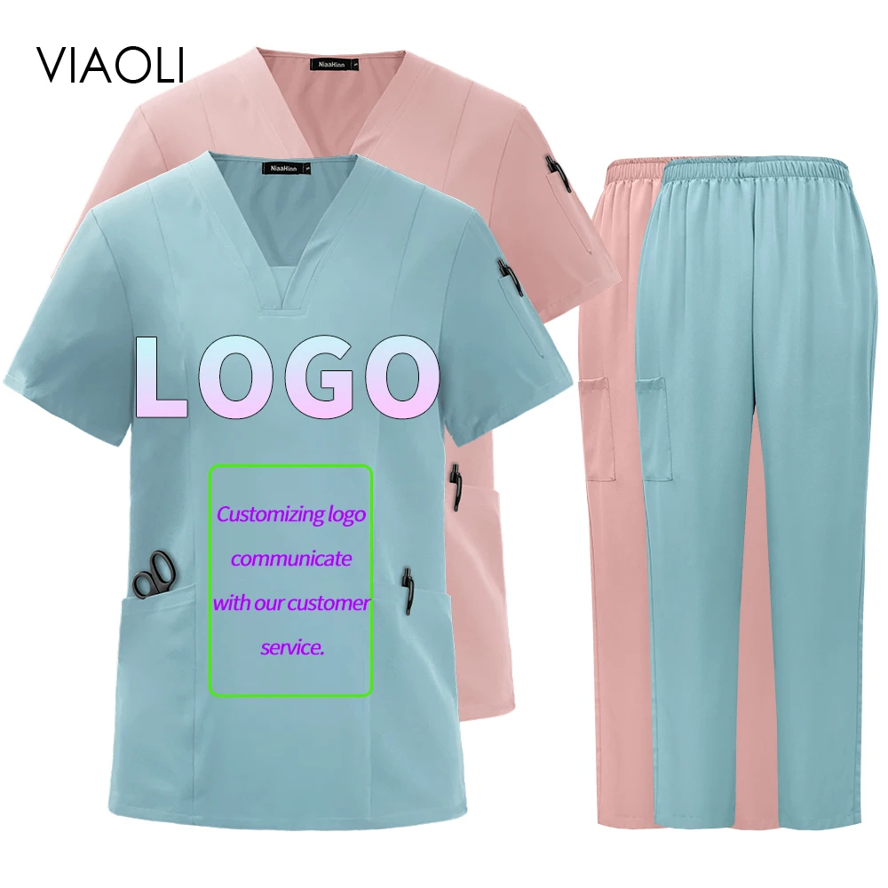 Medical Scrub Set Stretch Uniforms Unisex Scrub Top Pants With Pocket Nurse Doctor Surgery Beauty Salon Lab Workwear Custom Logo