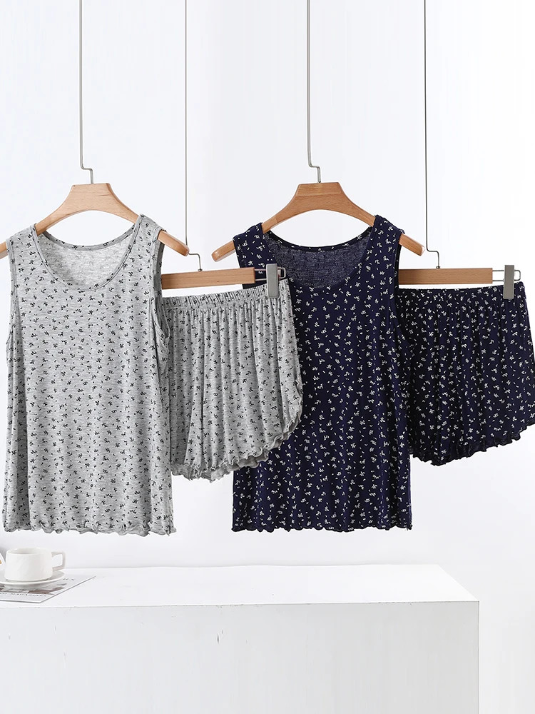 

Круглый жилет из модала, комплект женской летней тонкой одежды с цветочным принтом, повседневная домашняя одежда больших размеров