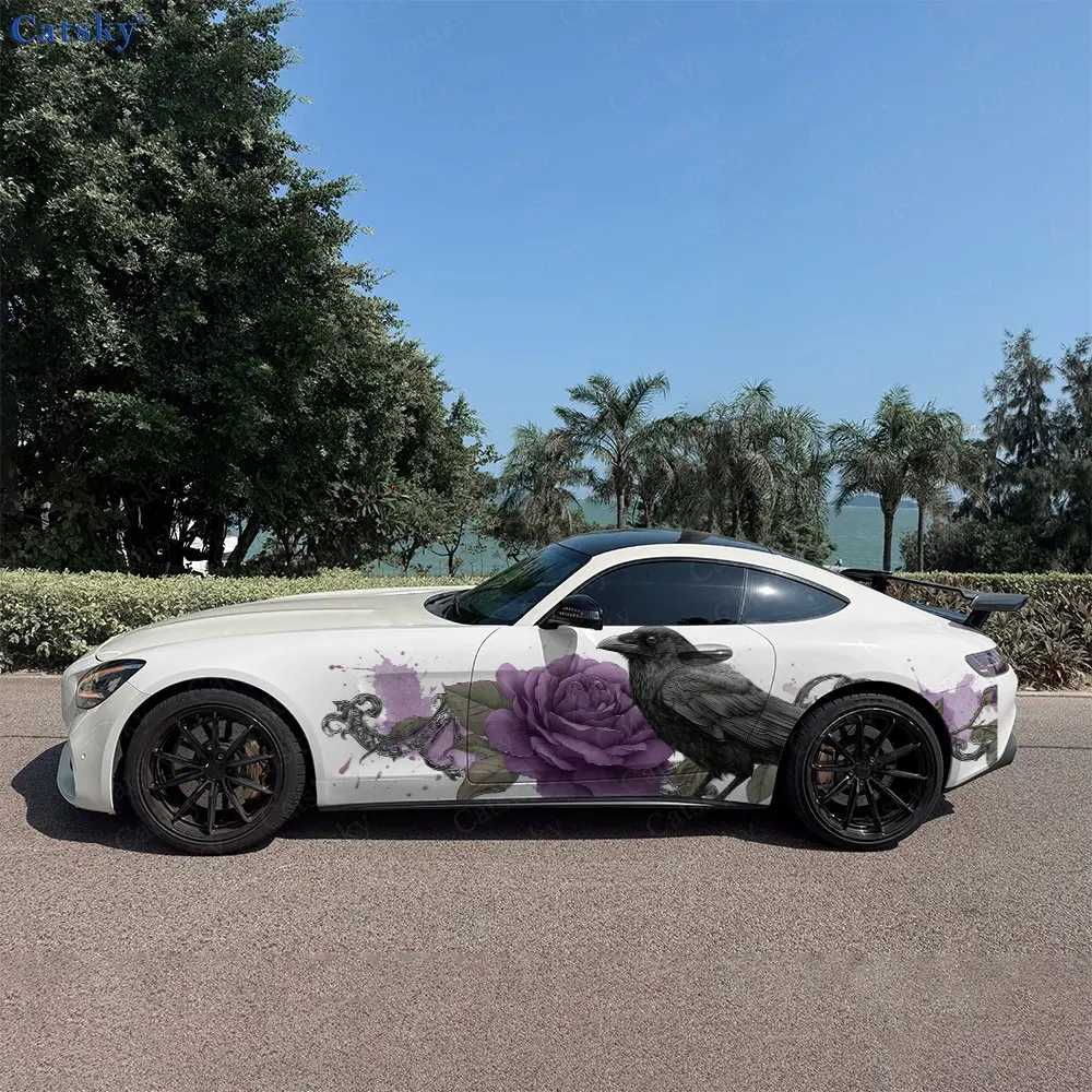 2pcs Blooming Rose & Raven Car Side Wraps, Self-Adhesive PVC Waterproof & Scratch-Resistant Stickers, Car Accessory Gift