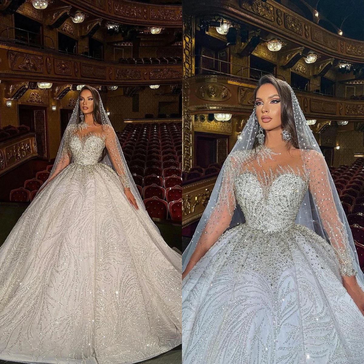 

Luxurious A-Line Lace Bead Embroidered Wedding Dress Sexy High Neck Long Sleeved Church Bride Dress Vestido De Novia Customized