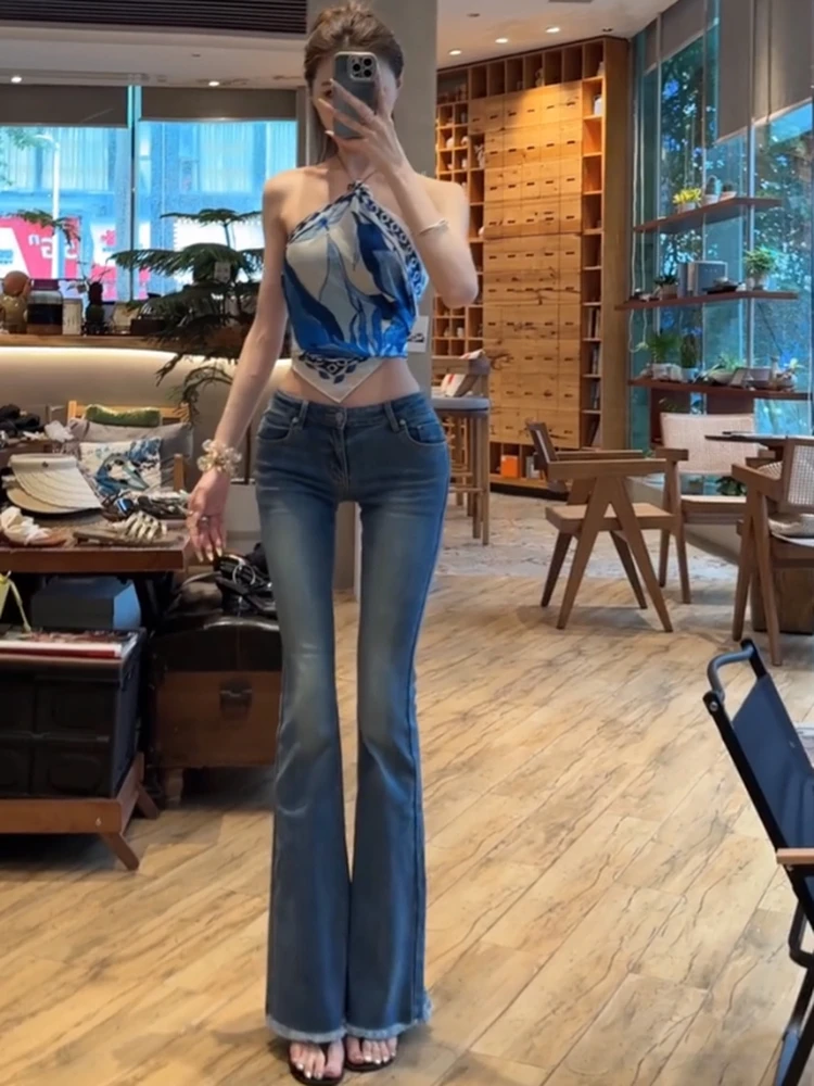 

Slim Fit High Waist Bell Bottom Jeans Women's Washed Frayed Casual Long Pants Elastic Waistband Fashionable Chic Style