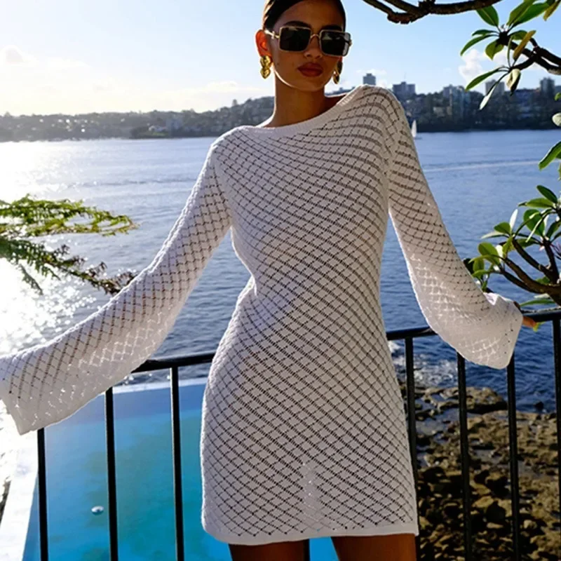 

Summer Knit Mini Dress Women's 2025 Solid Sexy Knitted Beach Vacation Dress Backless Bikini Shirt Hollow Mini Dress Y2k