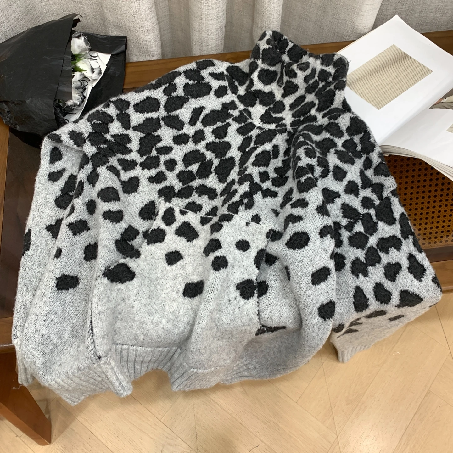 

Retro American Sle Women's Loose Long Sve Leopard Print Sweater Autumn Winter Sweet Sle Straight Tube Knitwear K2