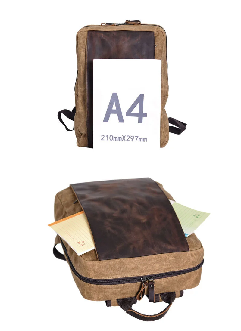 Nesitu Quality Black Khaki Grey Green A4 Laptop Waxed Canvas Genuine Leather Men Women Backpack Hiking Travel Bag Duffel M5175