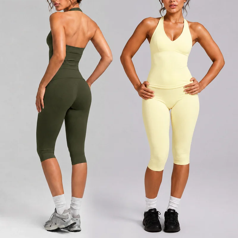 Women Halter Neck Yoga 2 Piece Set Beauty Back Sports Tank Top Knee Length Tight Leggings Outfit Outdoor Pilates Activewear