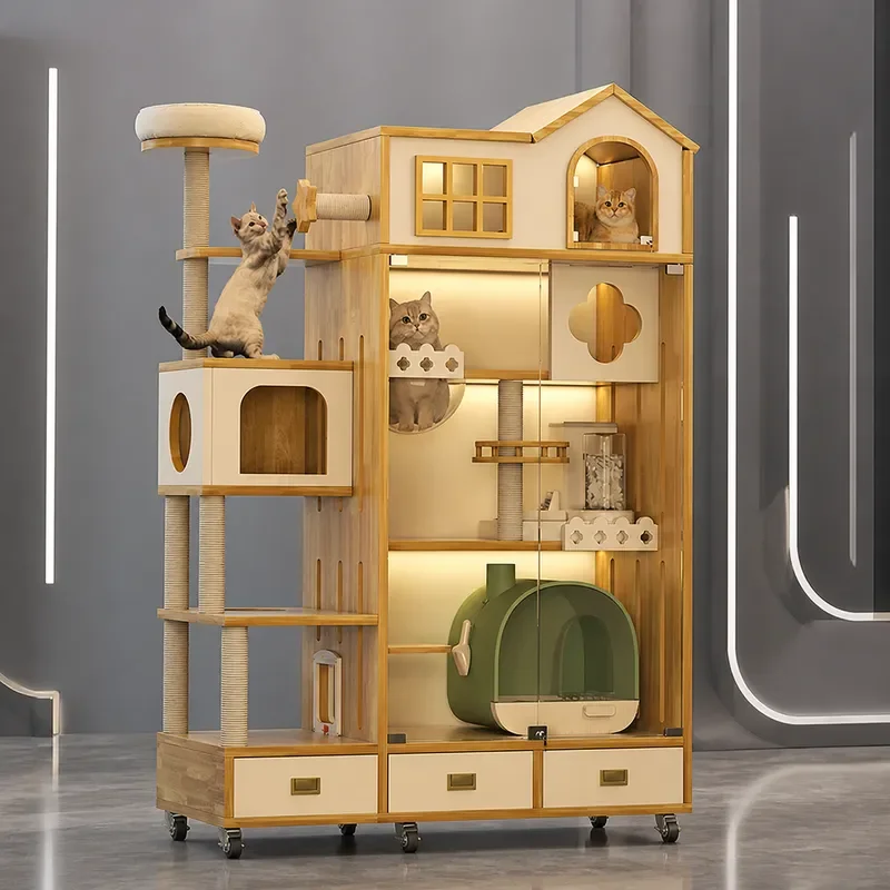 Large Three Layer Solid Wood Cat Cage Villa Multi Level Wooden Cat House Cabinet Nest for Big Cats Household Pet Furniture