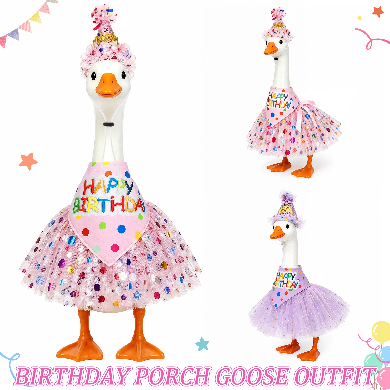 Happy Birthday Porch Goose Clothes for 23inch/17inch Statues Reusable Birthday Yard Goose Costume Set Home Yard Statue Holiday