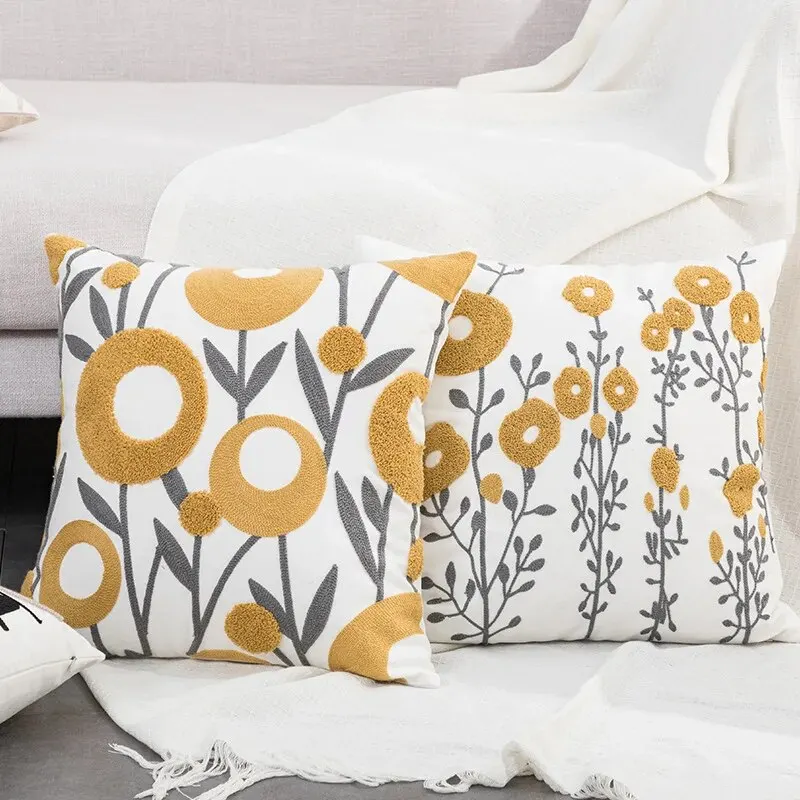 1pc Boho Floral Tufted Decorative Throw Pillow Cover-EmbroideredCotton Cushion Cover for Couch, Sofa, and Bed - Soft and Stylish