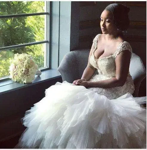 Robe de mariée sirène africaine en Tulle à volants, avec des Appliques de perles, traîne, tenue formelle d'église