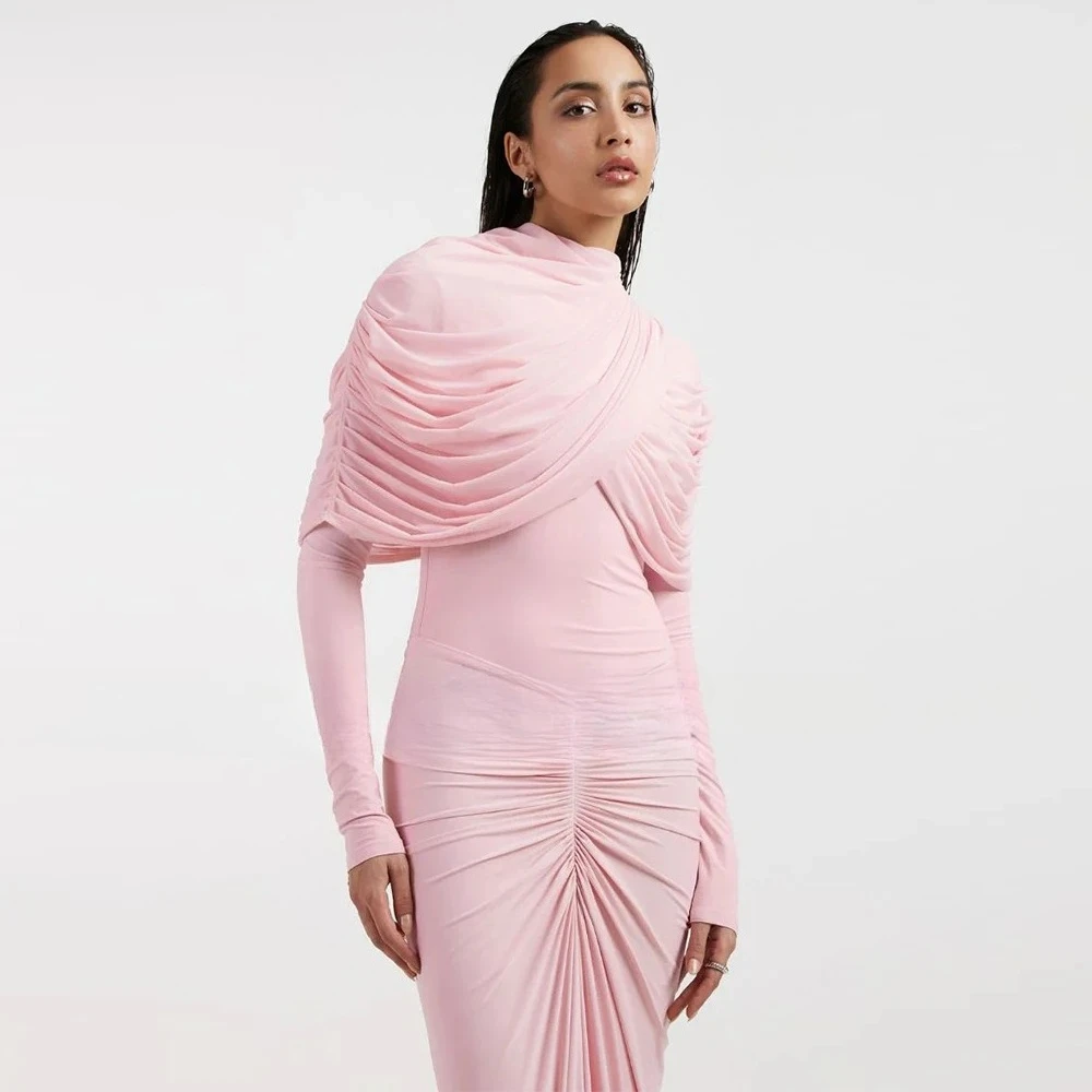 

Pink Evening Dress Customized High Collar Long Sleeves Spandex Sheath/Column Evening Gowns Pleat Bespoke Occasion Gown Long 2025