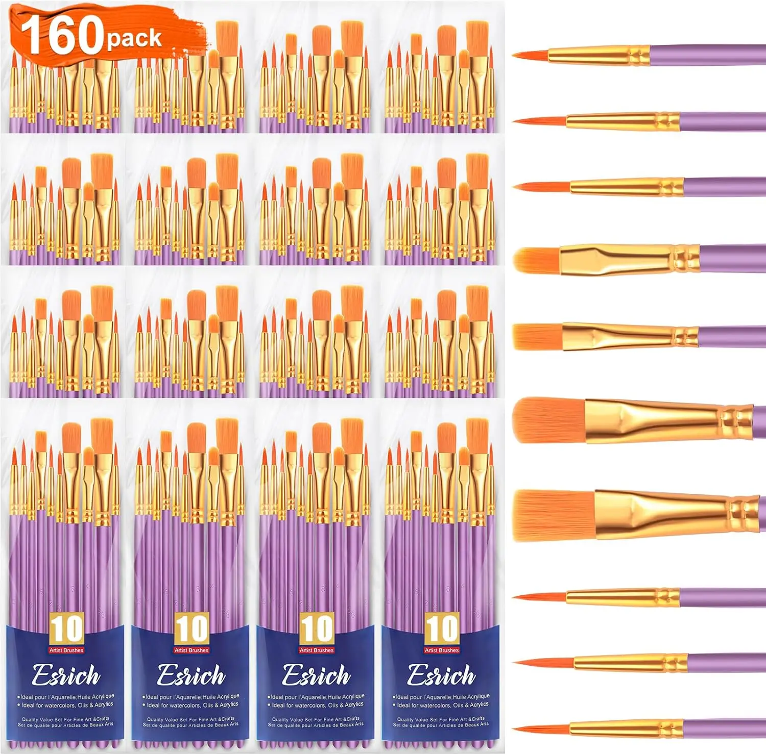 

16/160 Pcs Acrylic Paint Brushes Set for Acrylic, Oil, Watercolor, Rock, Body, Face, Nail Art - Perfect for Kids & Adults